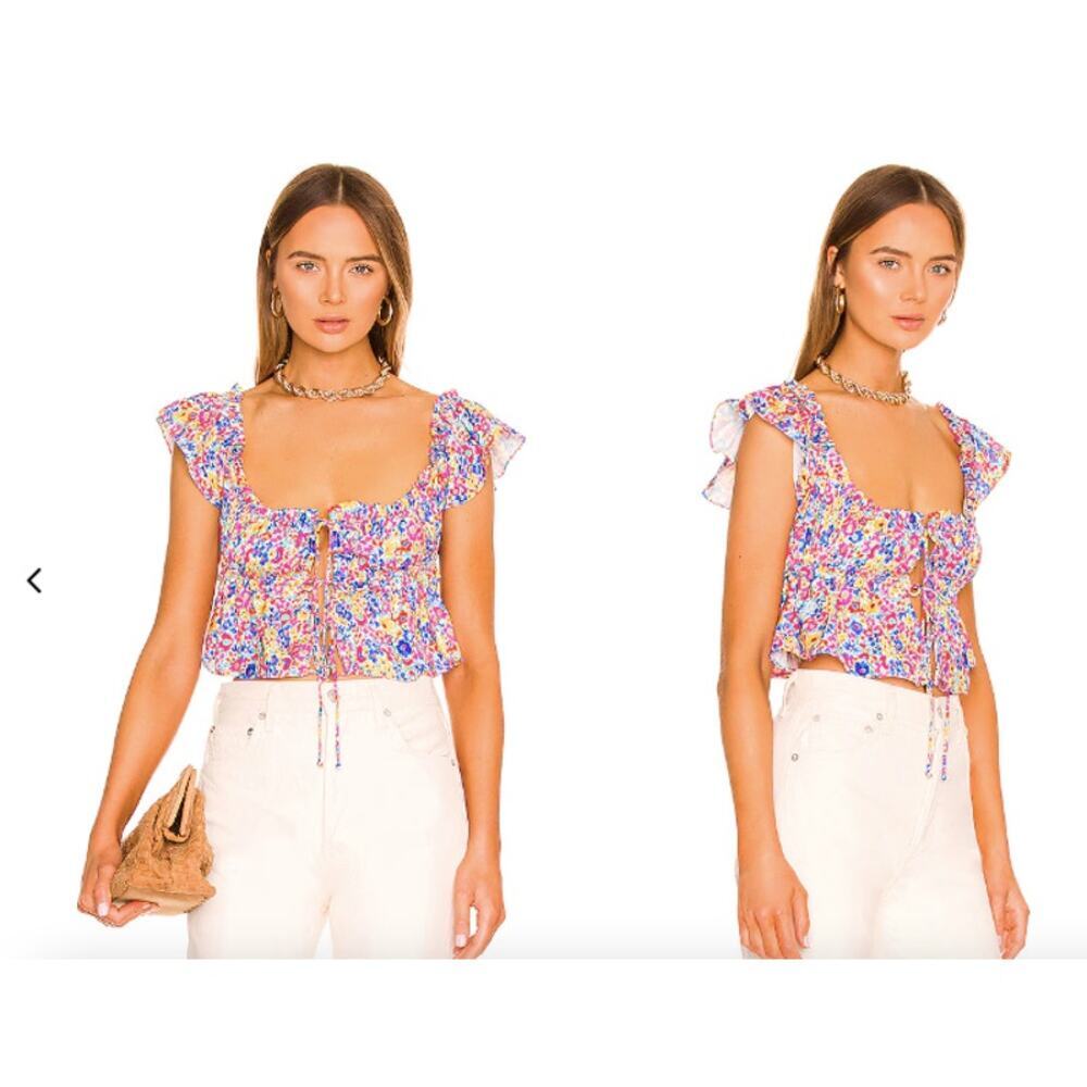 For Love & Lemons Sasha Floral Cropped Top In Blue Multi Size L Tie Front Flirty